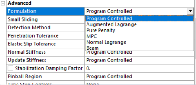 Advanced contact settings in Ansys Mechanical with the Formulation dropdown listing Augmented Lagrange, Pure Penalty, MPC, Normal Lagrange and Beam