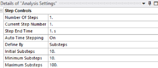 Analysis Settings step controls with auto time stepping on and initial, minimum and maximum substeps defined