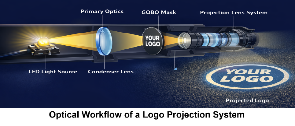 Optical architecture of a logo projection system — LED light source, condenser lens, primary optics, GOBO mask and projection lens system