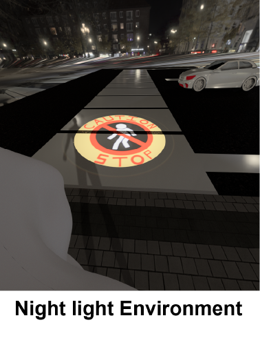 Simulated pedestrian caution projection on a crosswalk at night