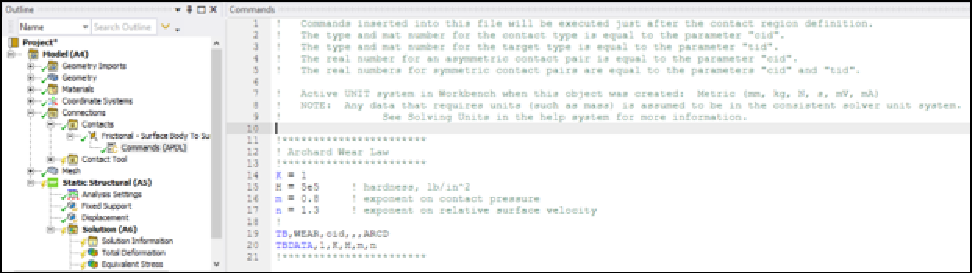 Archard wear parameters defined through an APDL command object on the frictional contact region in Ansys Mechanical