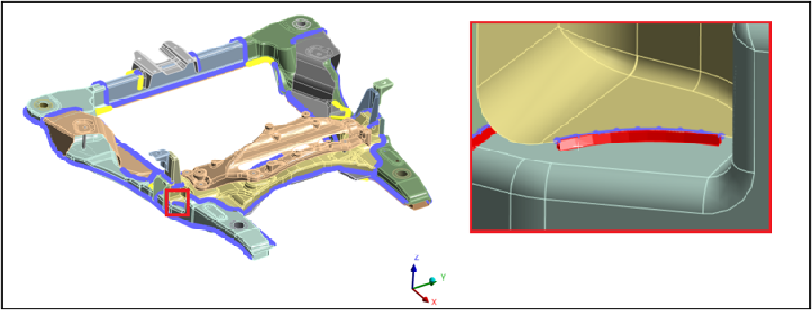 Weld mesh generated on the subframe with a detail view of the weld beam elements at a joint