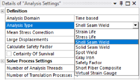 Analysis Settings details pane with Analysis Type set to Shell Seam Weld