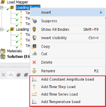 Load Mapper context menu showing constant amplitude, time step, time series and temperature load options